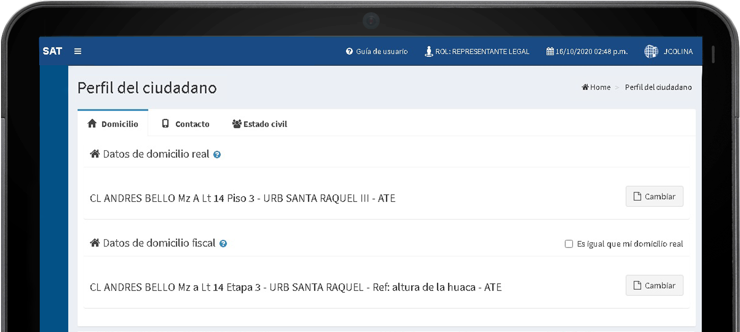 Vista de la opción domicilio dentro de Agencia Virtual SAT.