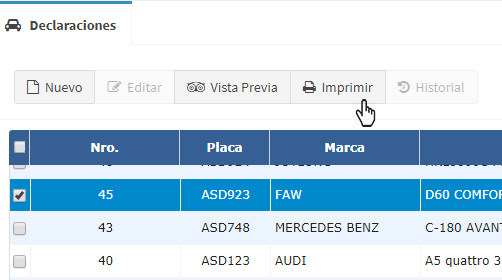 Vista del botón Imprimir una Declaración Jurada Vehicular.
