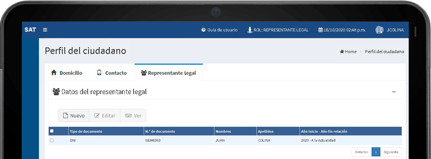 Vista de la opción registro de representante legal.
