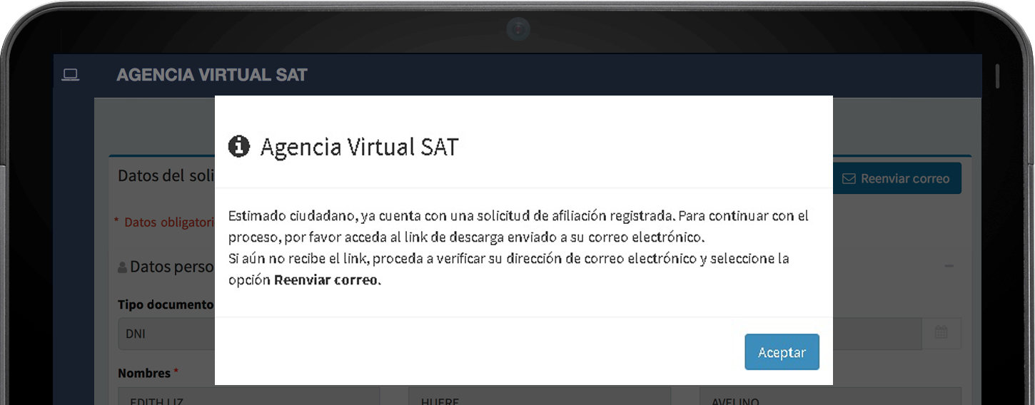 Vista de un mensaje de alerta