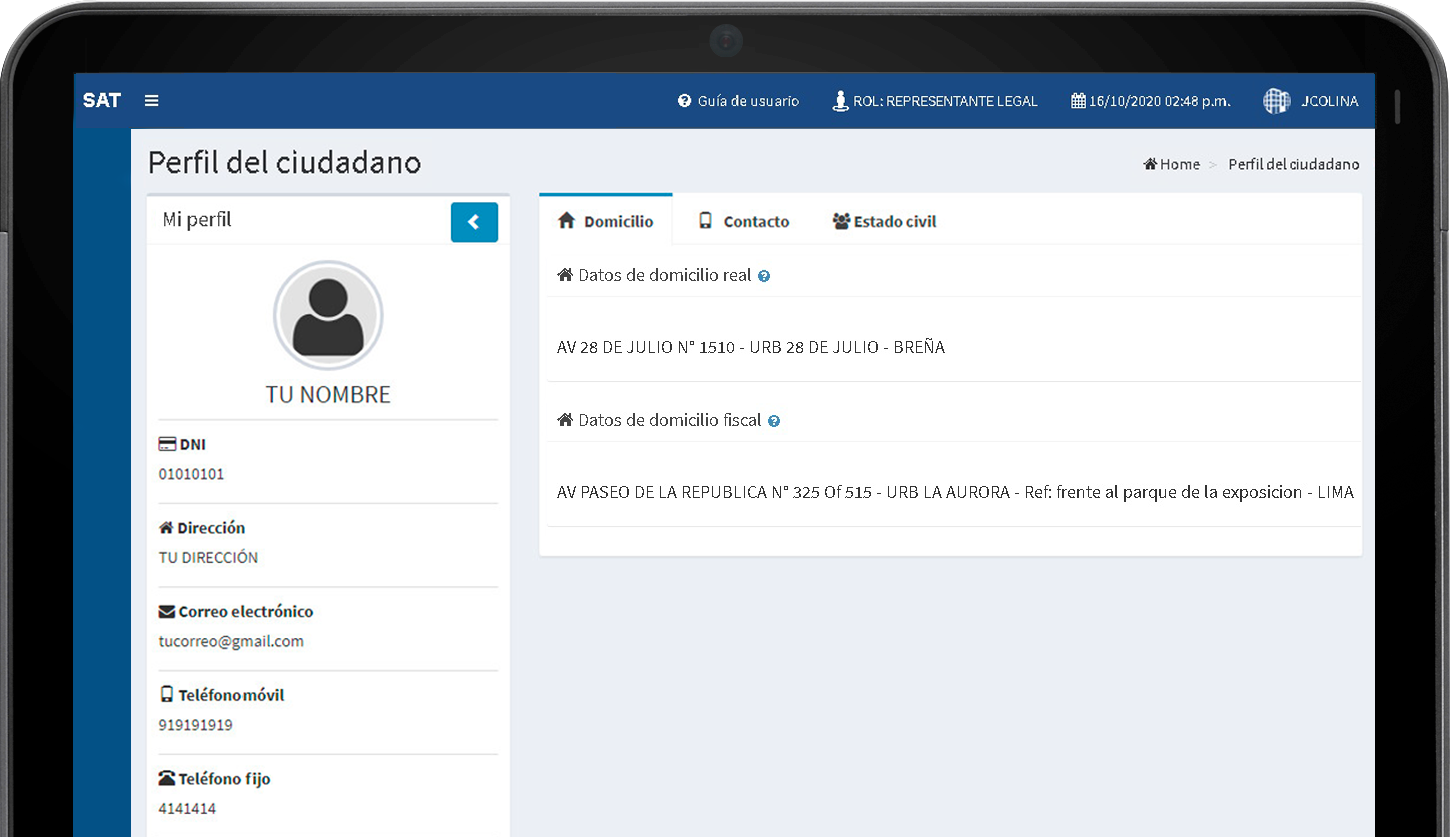 Vista de la opción perfil dentro de Agencia Virtual SAT.
